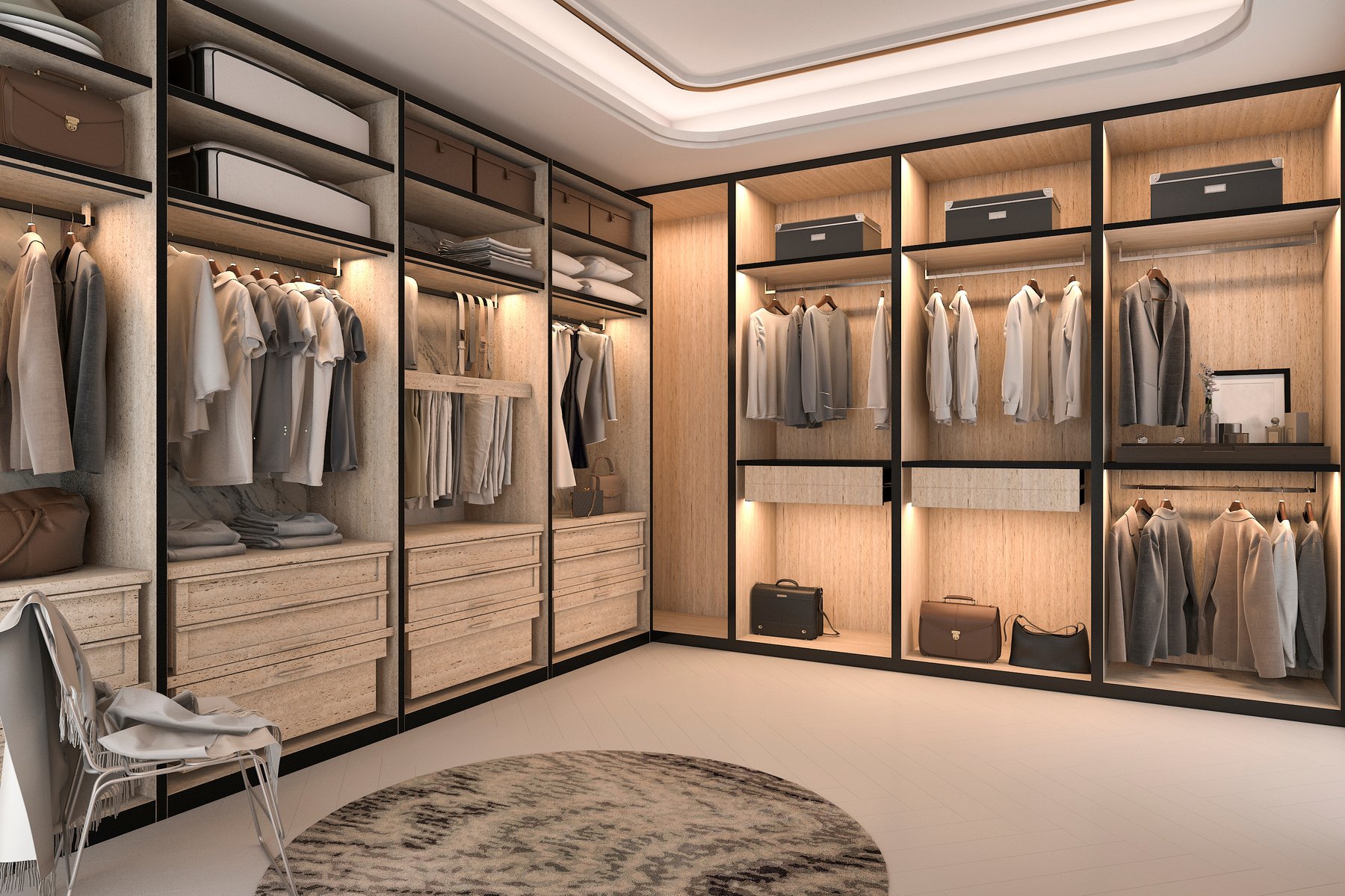 3d rendering minimal loft luxury wood walk in closet with wardrobe